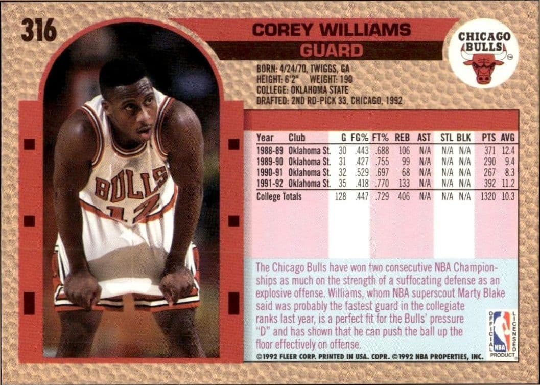 1992 Fleer Corey Williams #316 basketball trading card back