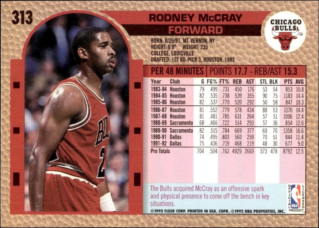 1992 Fleer Rodney McCray #313 basketball trading card back
