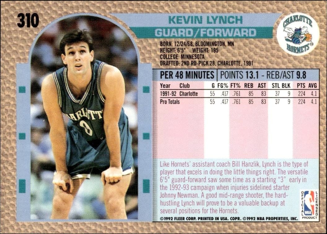 1992 Fleer Kevin Lynch #310 basketball trading card back