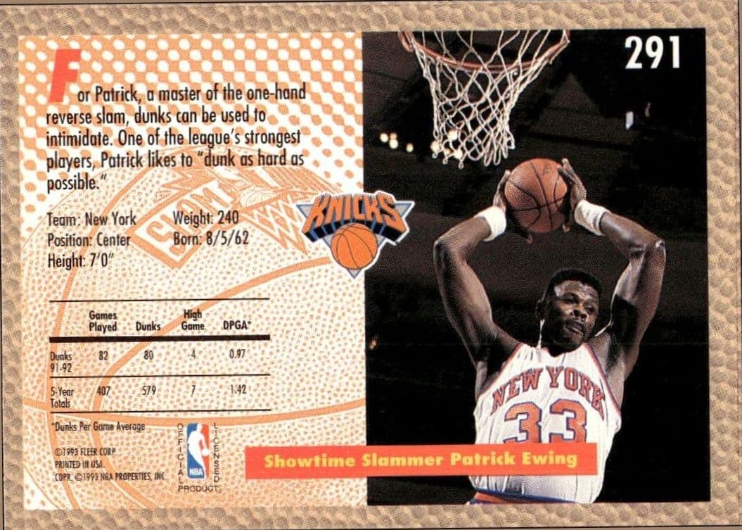 1992 Fleer Patrick Ewing #291 basketball trading card back