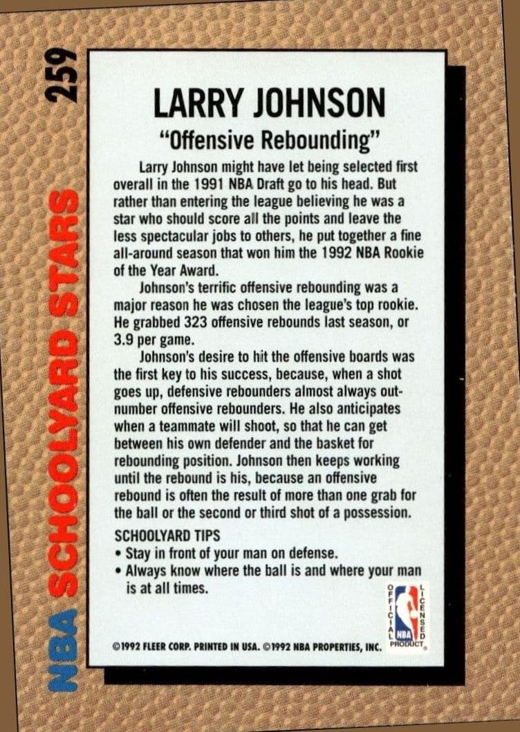 1992 Fleer Larry Johnson #259 basketball trading card back
