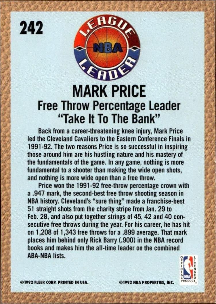 1992 Fleer Mark Price #242 basketball trading card back