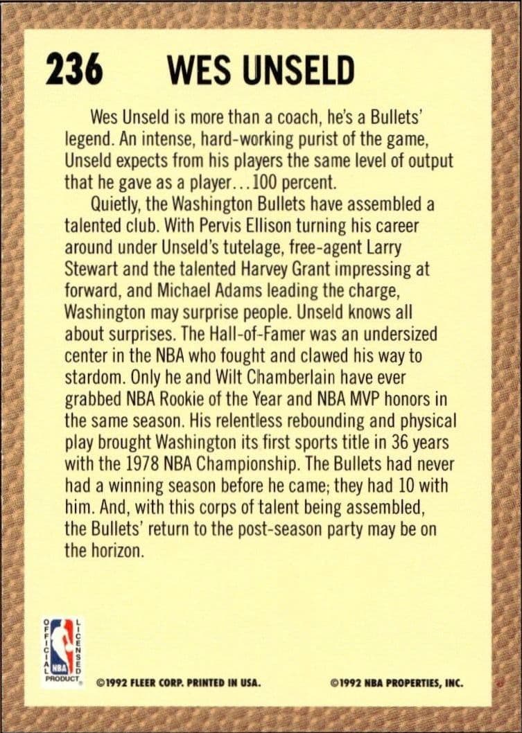 1992 Fleer Wes Unseld #236 basketball trading card back