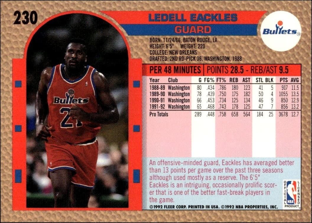 1992 Fleer Ledell Eackles #230 basketball trading card back