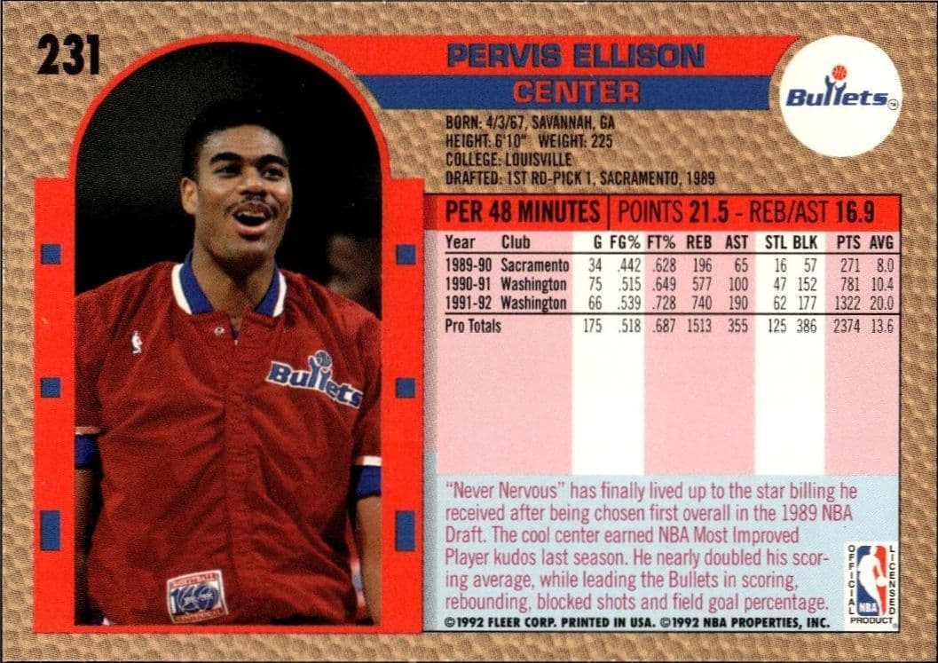 1992 Fleer Pervis Ellison #231 basketball trading card back