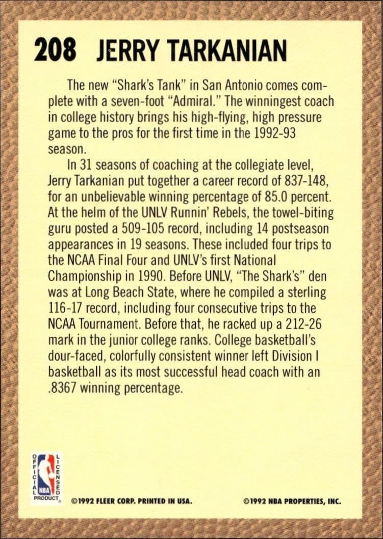 1992 Fleer Jerry Tarkanian #208 basketball trading card back
