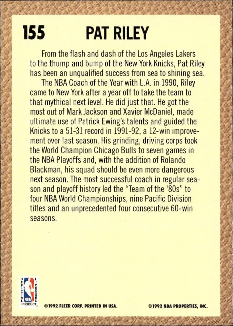 1992 Fleer Pat Riley #155 basketball trading card back