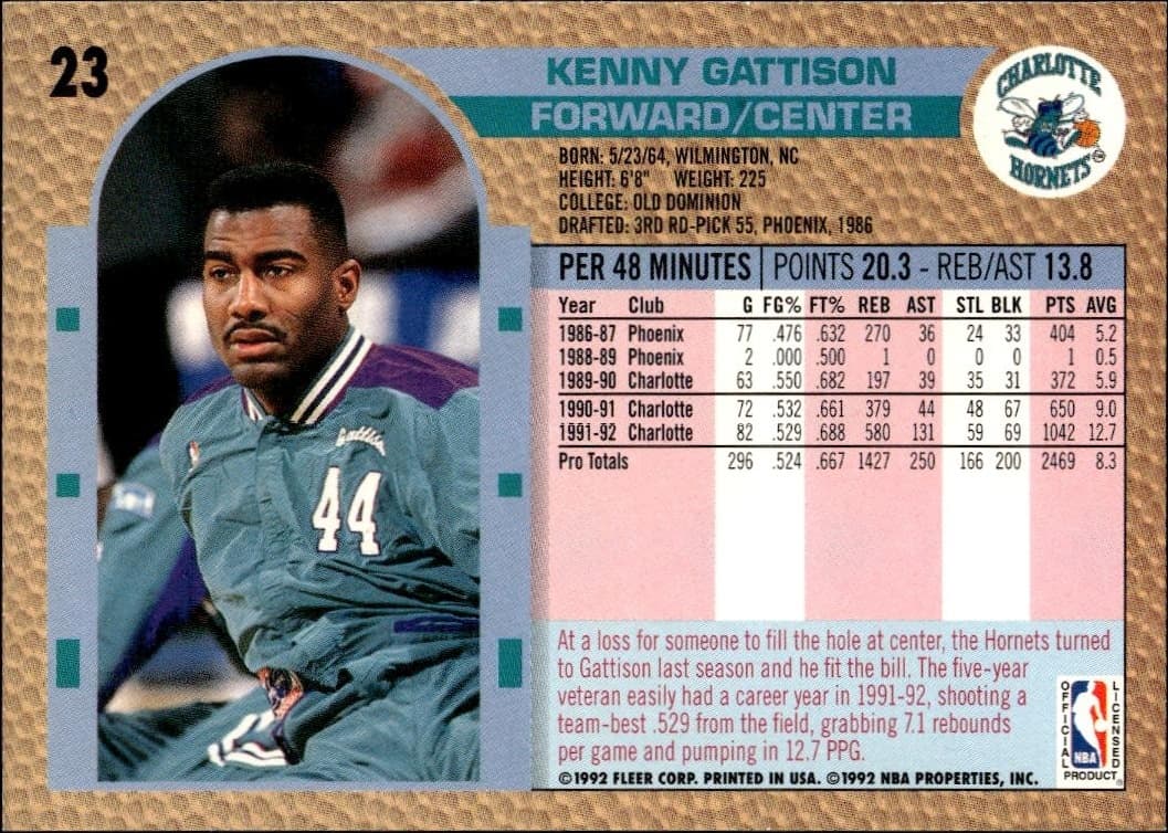 1992 Fleer Kenny Gattison #23 basketball trading card back