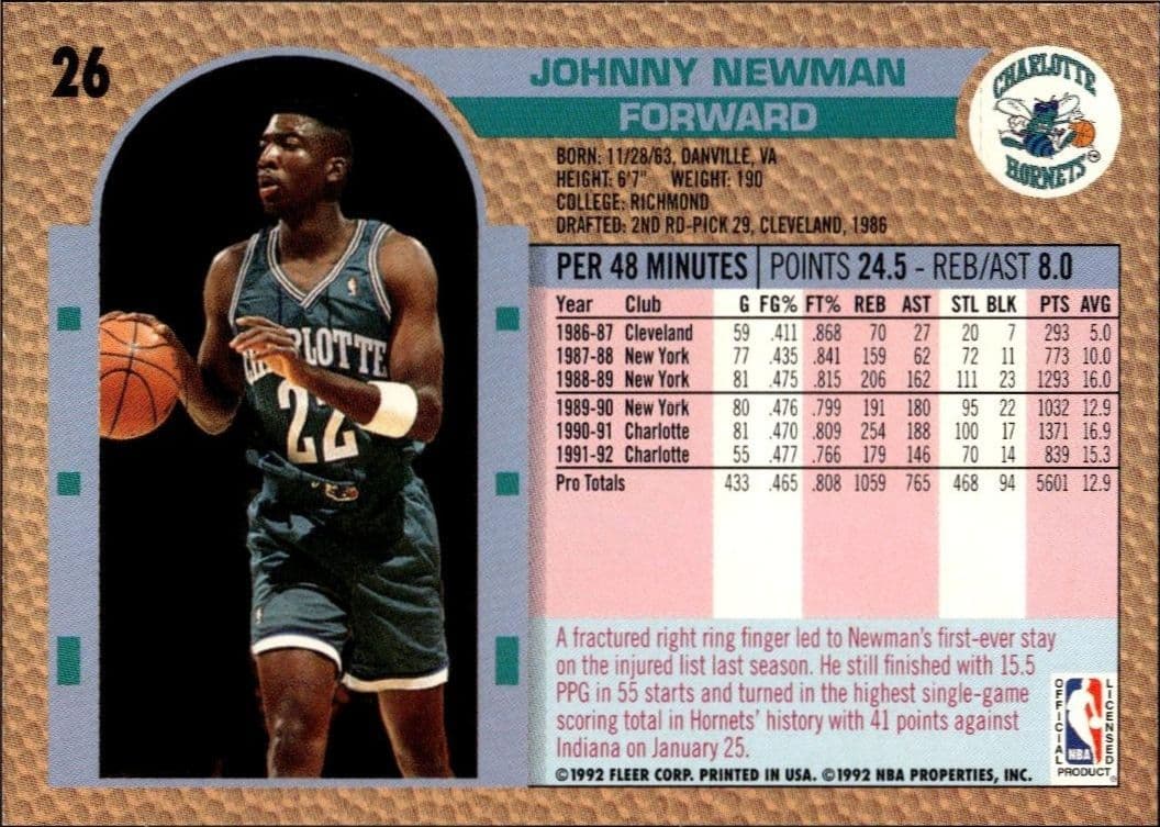 1992 Fleer Johnny Newman #26 basketball trading card back