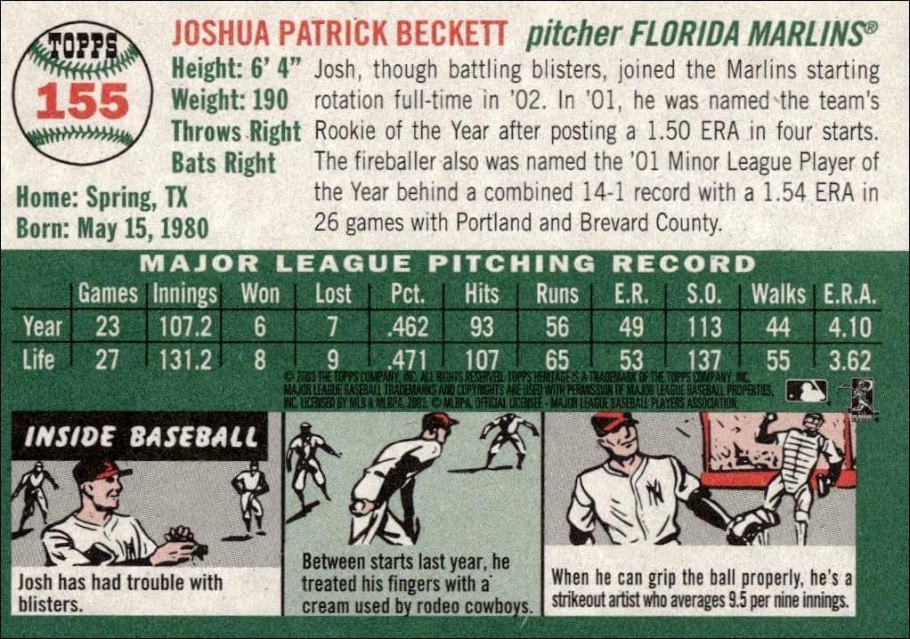 2003 Topps Heritage Josh Beckett #155 baseball trading card back