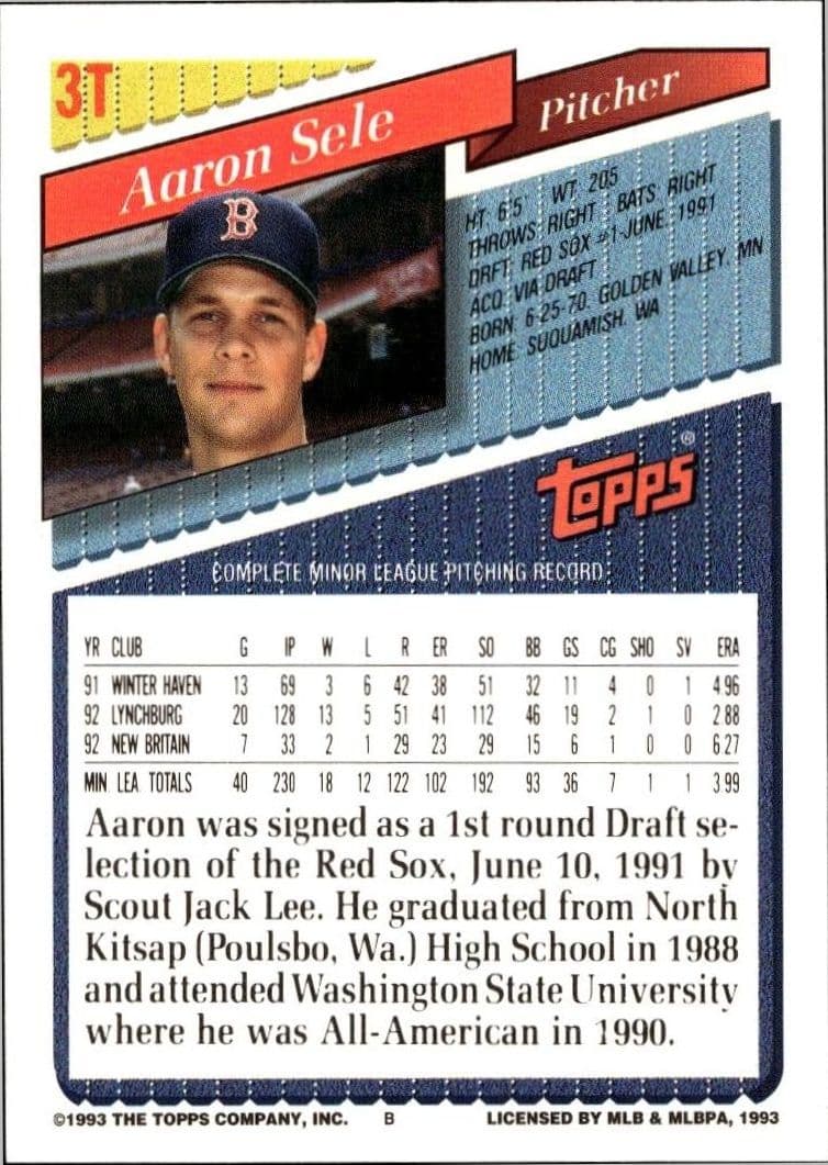 1993 Topps Traded Aaron Sele #3T baseball trading card back