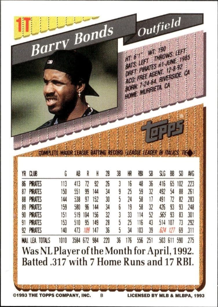 1993 Topps Traded Barry Bonds #1T baseball trading card back