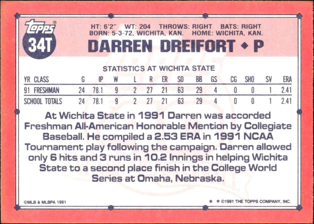 1991 Topps Traded Darren Dreifort #34T baseball trading card back