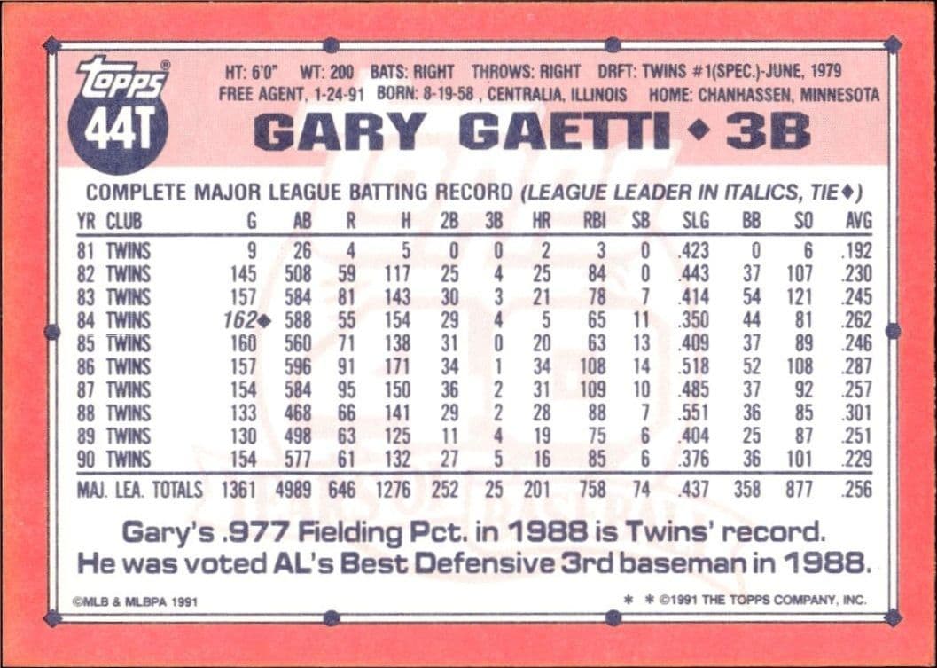 1991 Topps Traded Gary Gaetti #44T baseball trading card back
