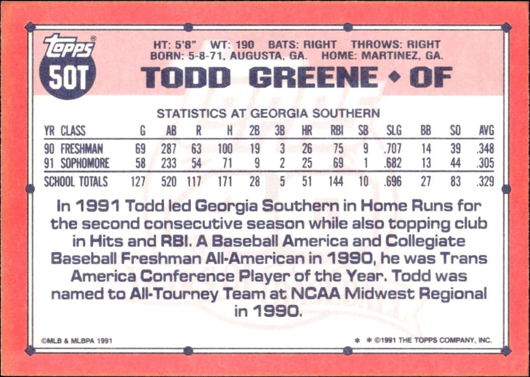 1991 Topps Traded Todd Greene #50T baseball trading card back