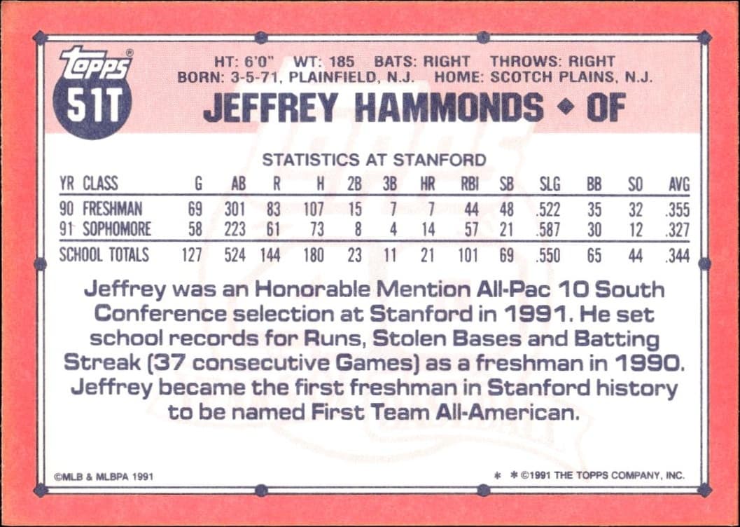 1991 Topps Traded Jeffrey Hammonds #51T baseball trading card back