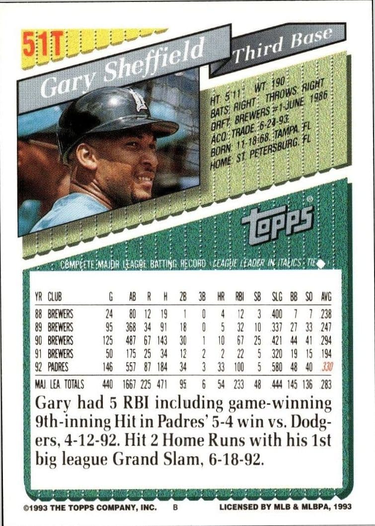 1993 Topps Traded Gary Sheffield #51T baseball trading card back