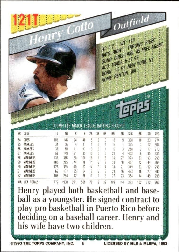1993 Topps Traded Henry Cotto #121T baseball trading card back