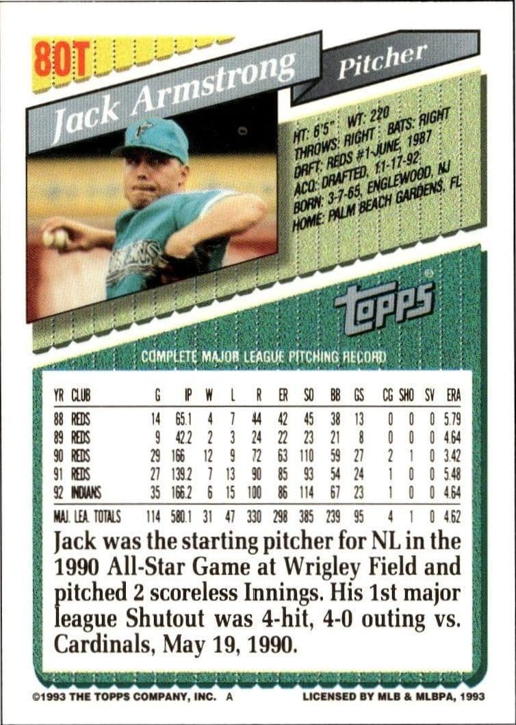 1993 Topps Traded Jack Armstrong #80T baseball trading card back
