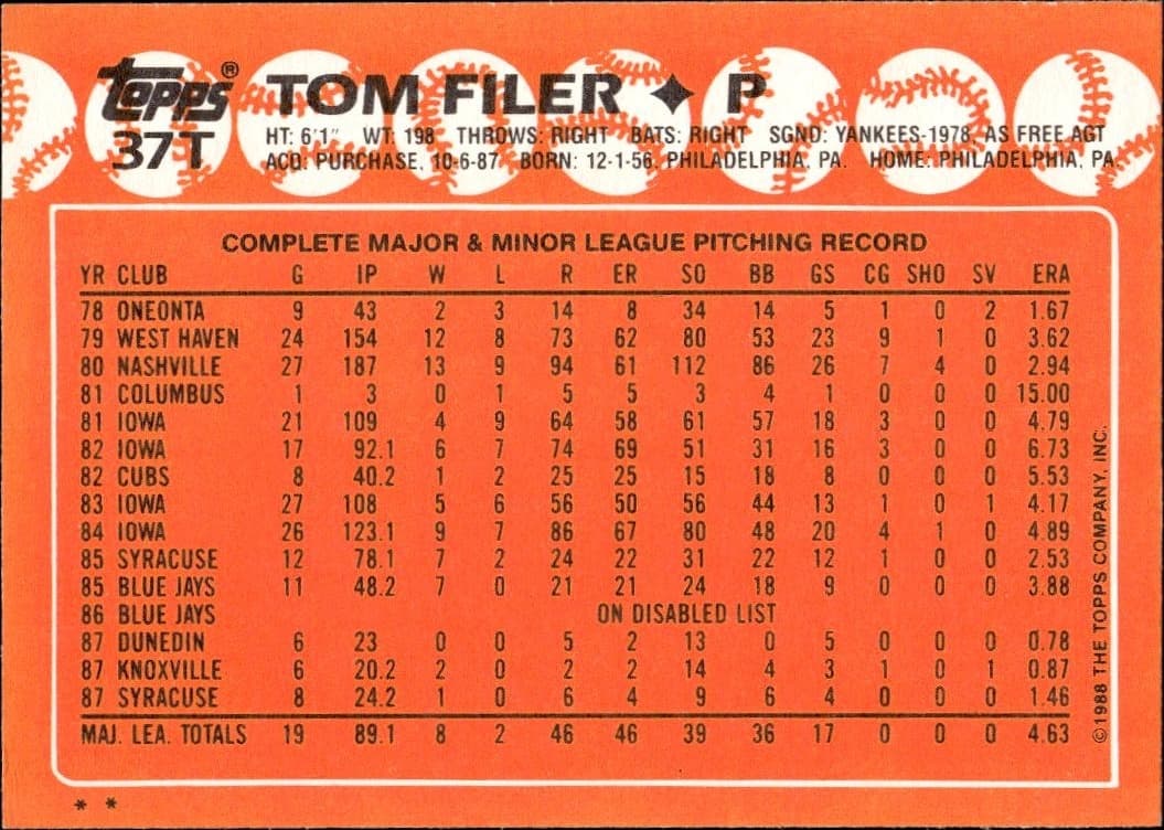 1988 Topps Traded Tom Filer #37T baseball trading card back