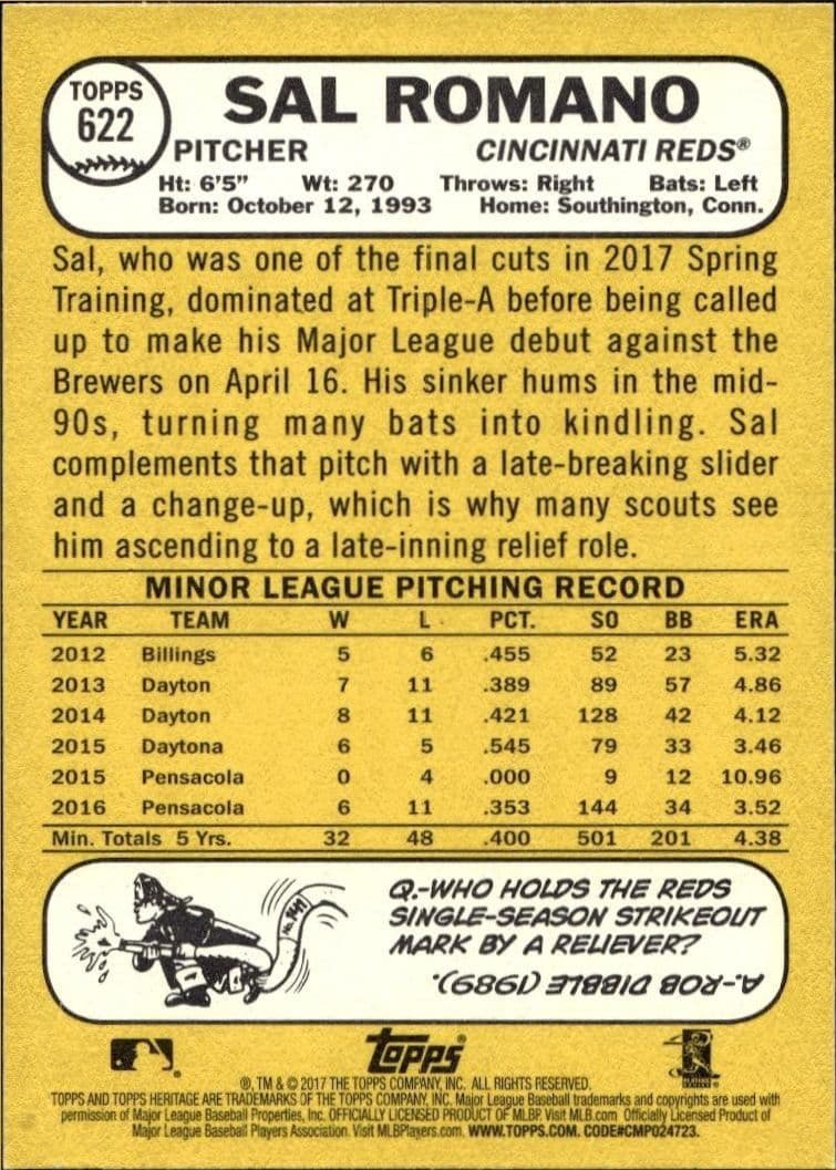 2017 Topps Heritage Sal Romano #622 baseball trading card back