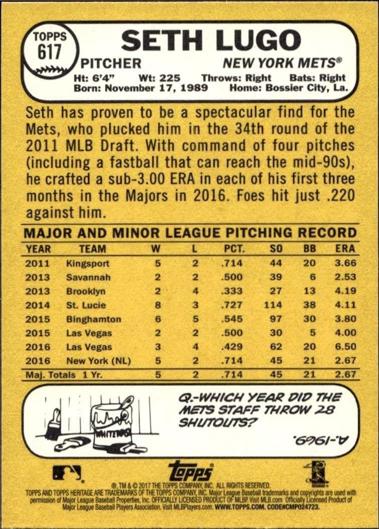 2017 Topps Heritage Seth Lugo #617 baseball trading card back