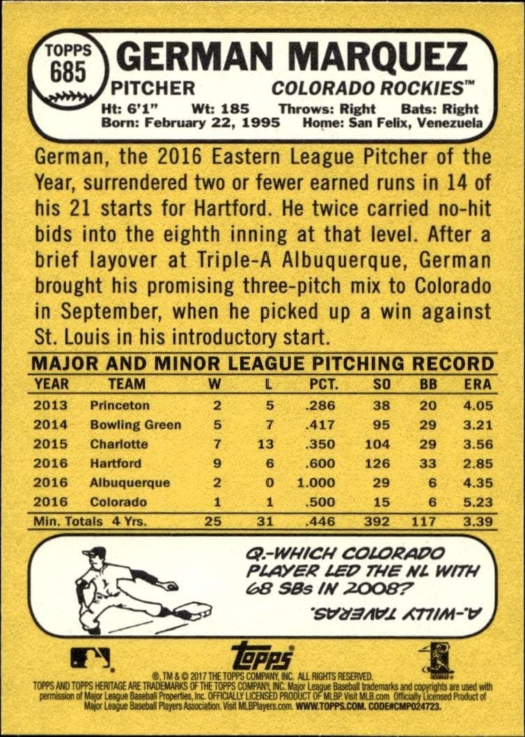 2017 Topps Heritage German Marquez #685 baseball trading card back