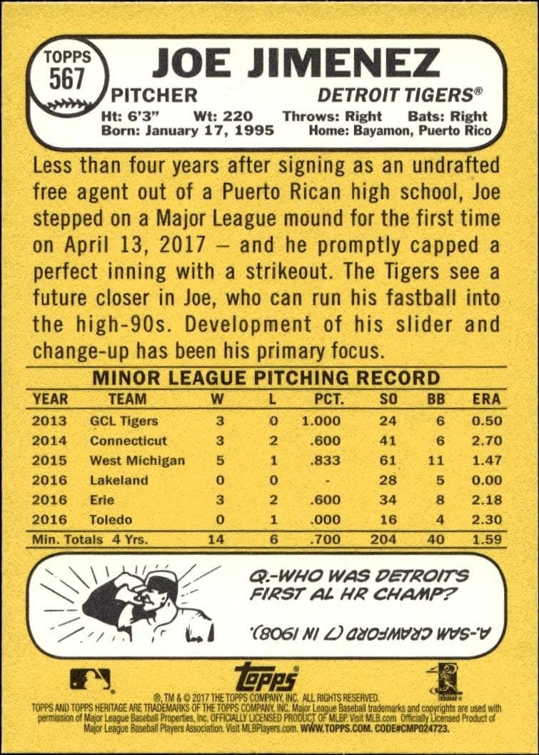 2017 Topps Heritage Joe Jimenez #567 baseball trading card back
