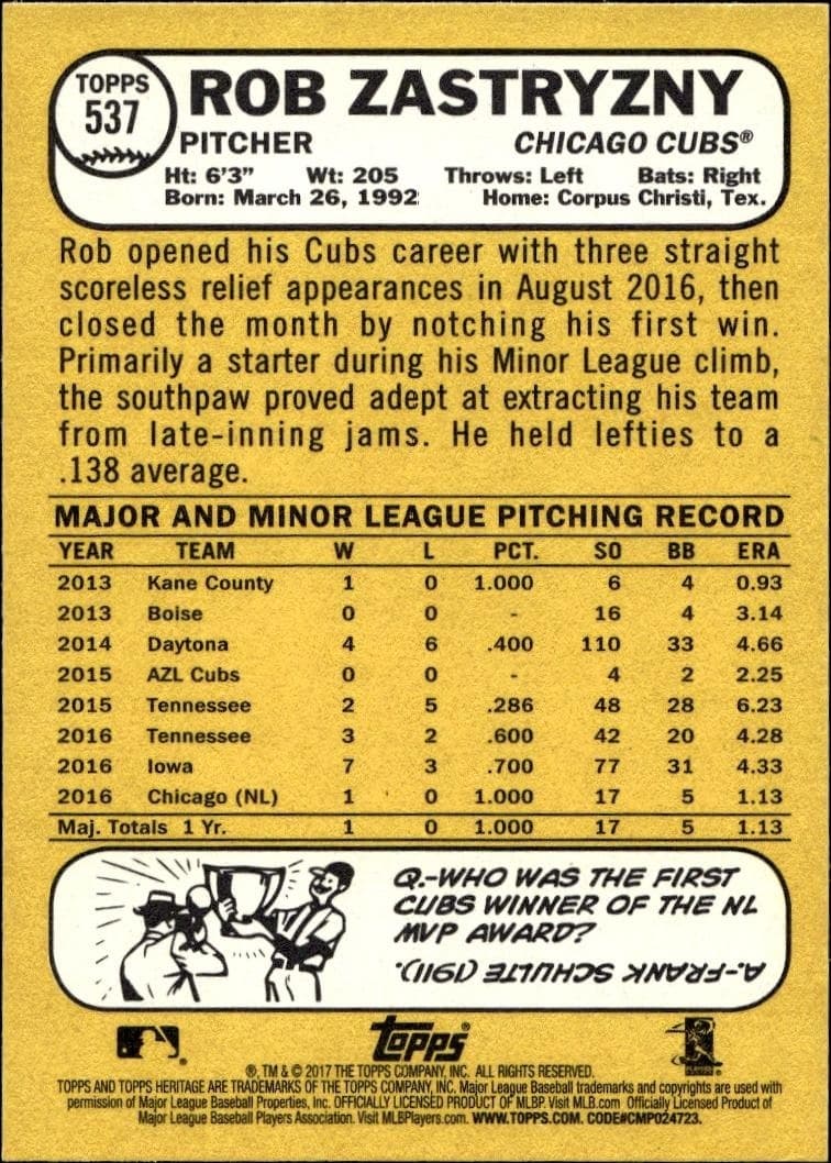 2017 Topps Heritage Rob Zastryzny #537 baseball trading card back