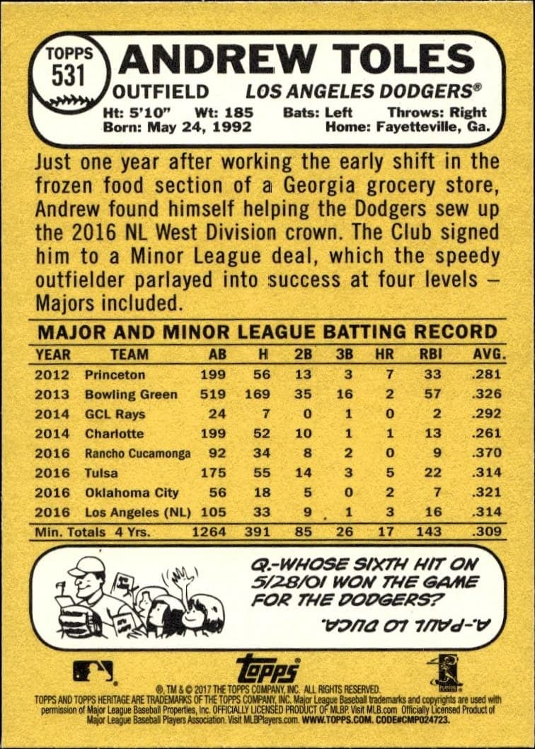 2017 Topps Heritage Andrew Toles #531 baseball trading card back