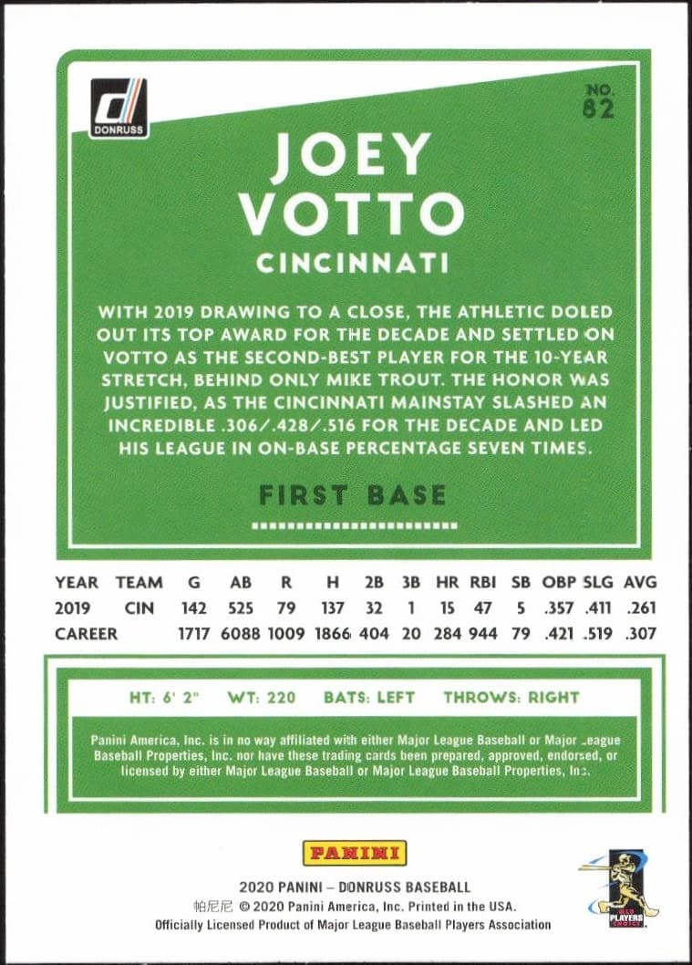 2020 Donruss Joey Votto #82 baseball trading card back