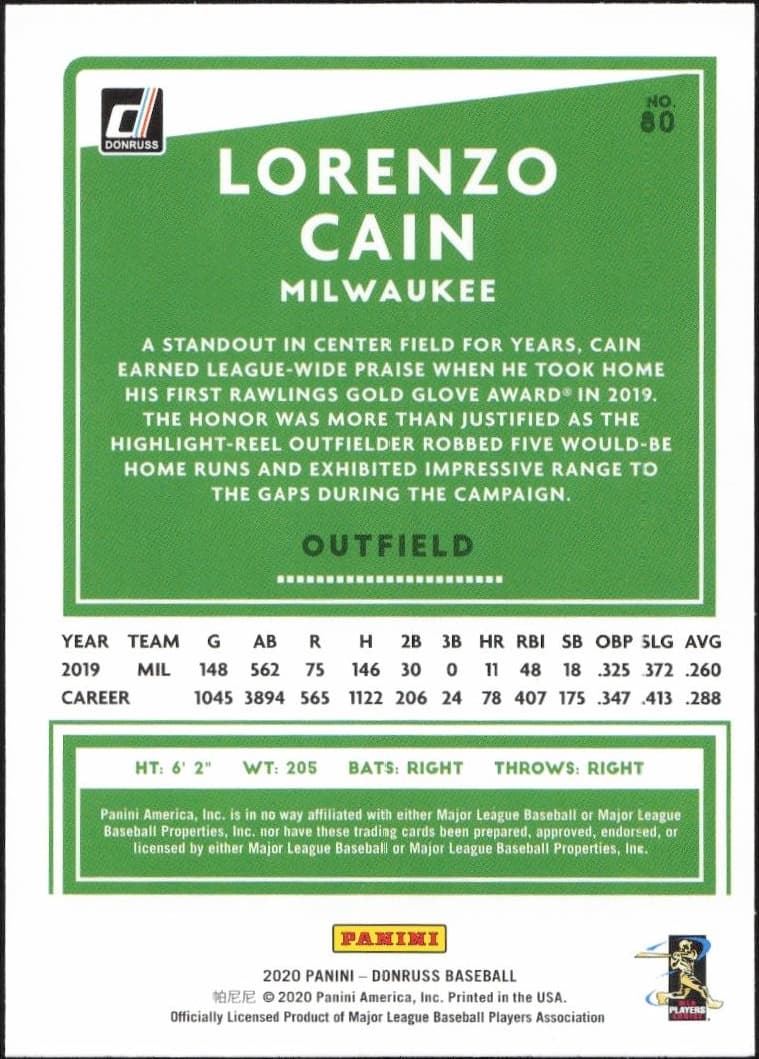 2020 Donruss Lorenzo Cain #80 baseball trading card back