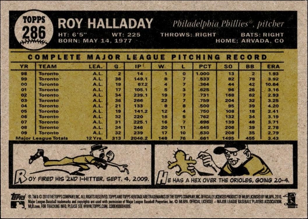2010 Topps Heritage Roy Halladay #286 baseball trading card back