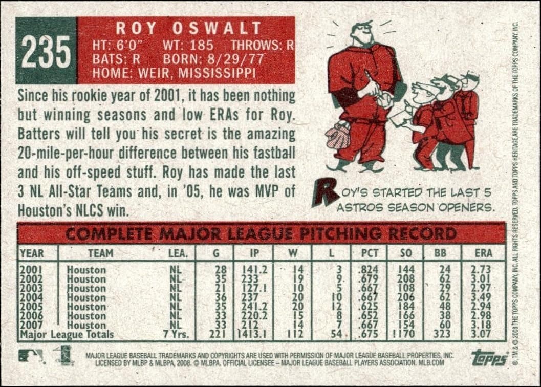 2008 Topps Heritage Roy Oswalt #235 baseball trading card back