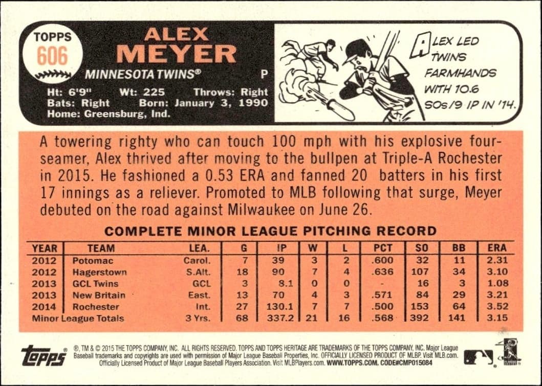 2015 Topps Heritage Alex Meyer #606 baseball trading card back