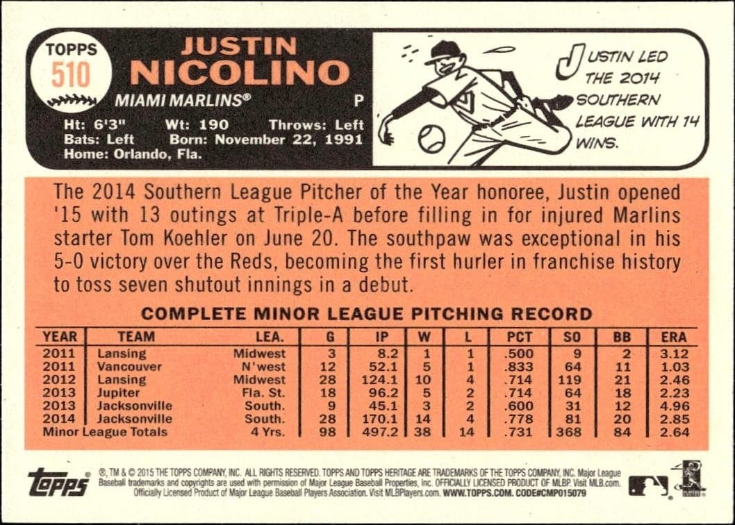 2015 Topps Heritage Justin Nicolino #510 baseball trading card back