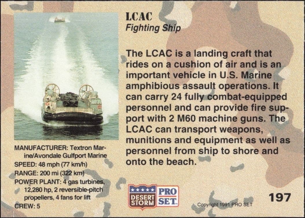 1991 Pro Set Desert Storm LCAC #197 military trading card back