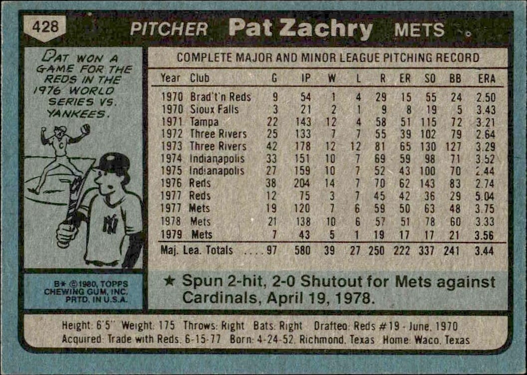 1980 Topps Pat Zachry #428 baseball trading card back