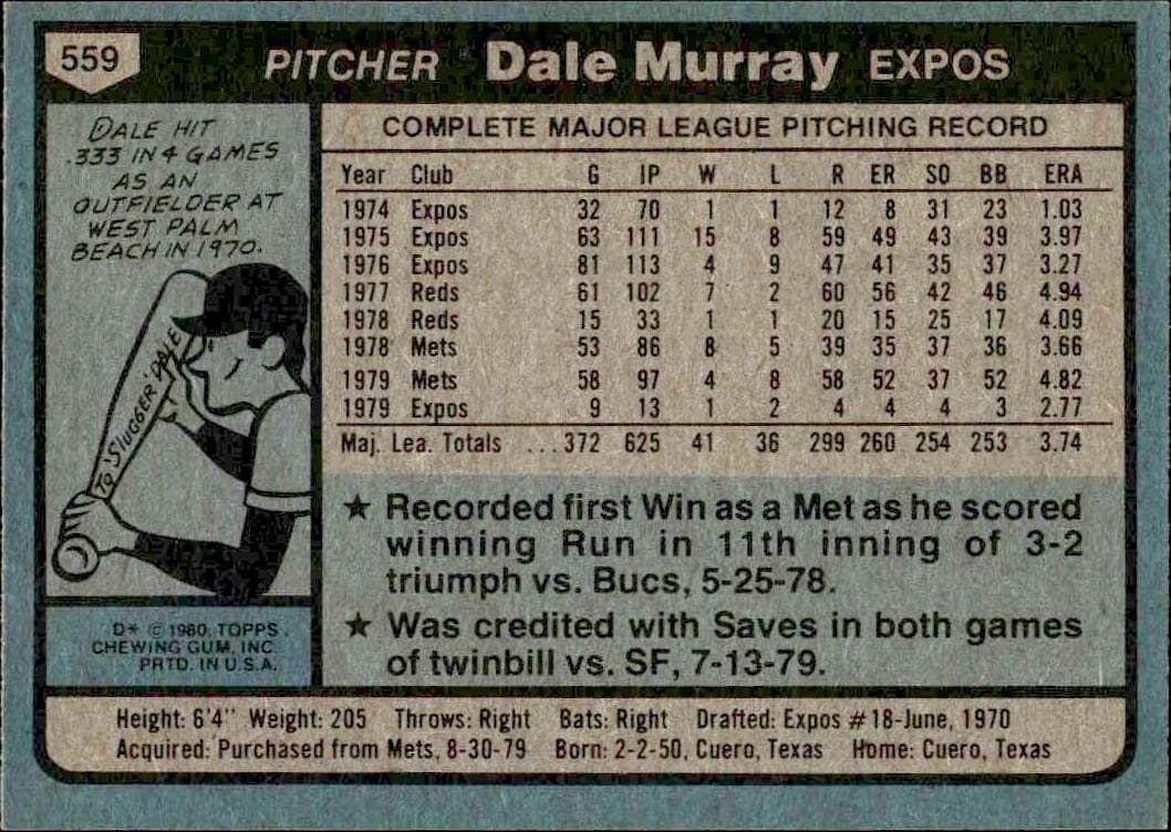 1980 Topps Dale Murray #559 baseball trading card back