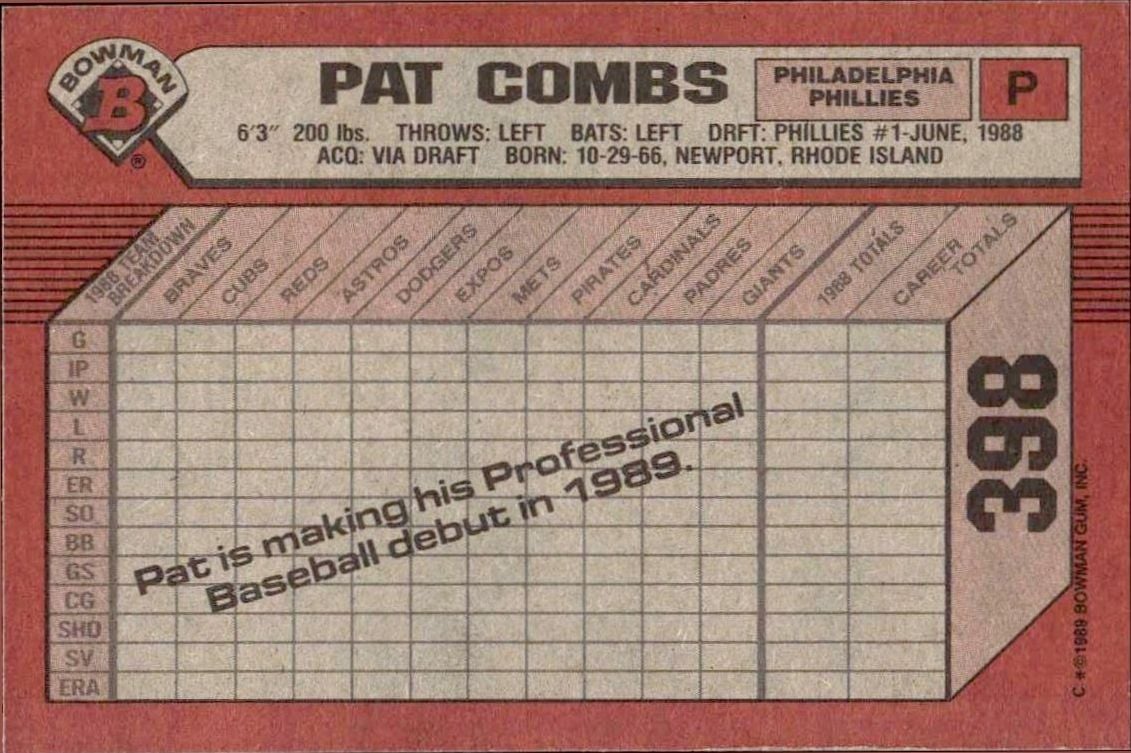 1989 Bowman Pat Combs #398 baseball trading card back