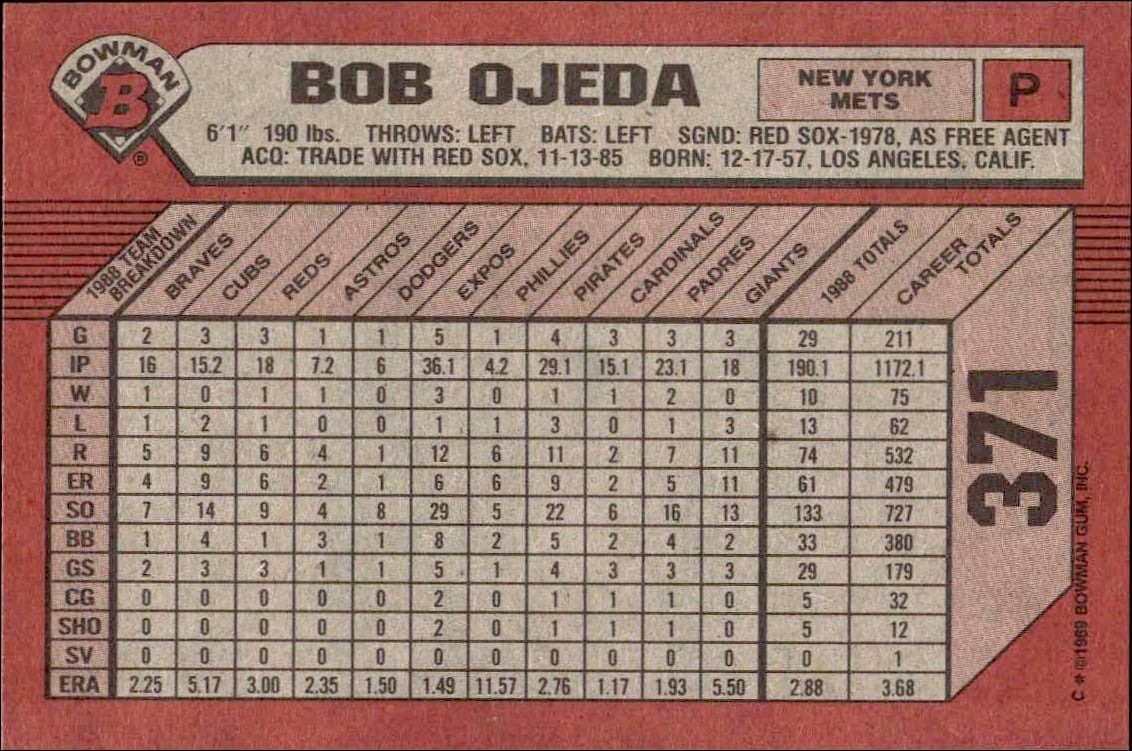 1989 Bowman Bob Ojeda #371 baseball trading card back