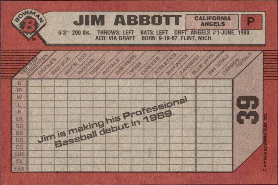 1989 Bowman Jim Abbott #39 baseball trading card back