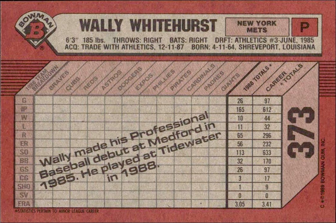1989 Bowman Wally Whitehurst #373 baseball trading card back