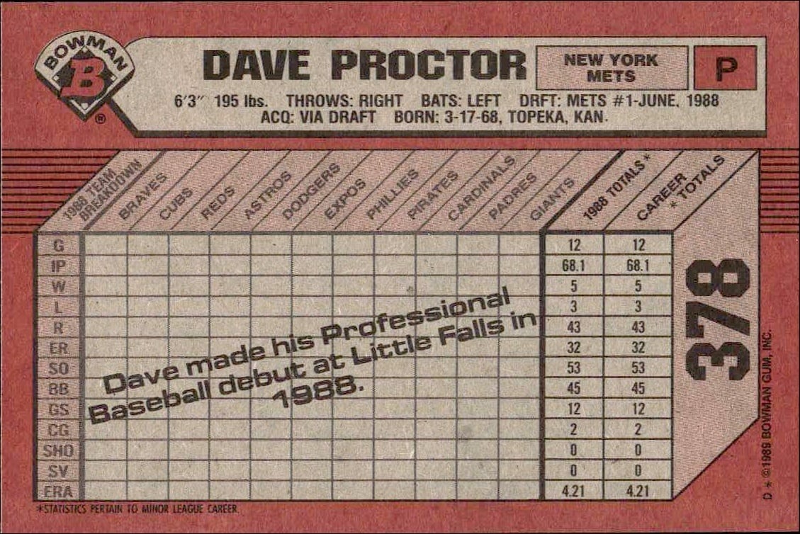 1989 Bowman Dave Proctor #378 baseball trading card back