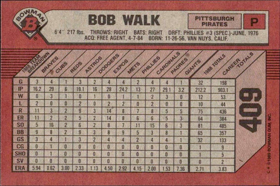 1989 Bowman Bob Walk #409 baseball trading card back