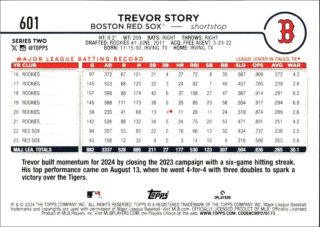 2024 Topps Series 2 Trevor Story #601 baseball trading card back