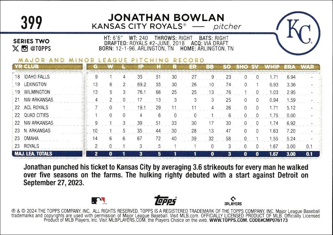 2024 Topps Series 2 Jonathan Bowlan #399 baseball trading card back