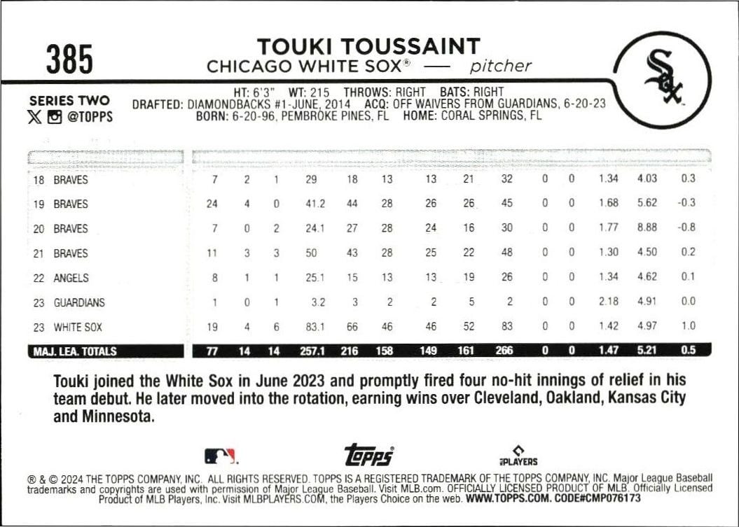 2024 Topps Series 2 Touki Toussaint #385 baseball trading card back