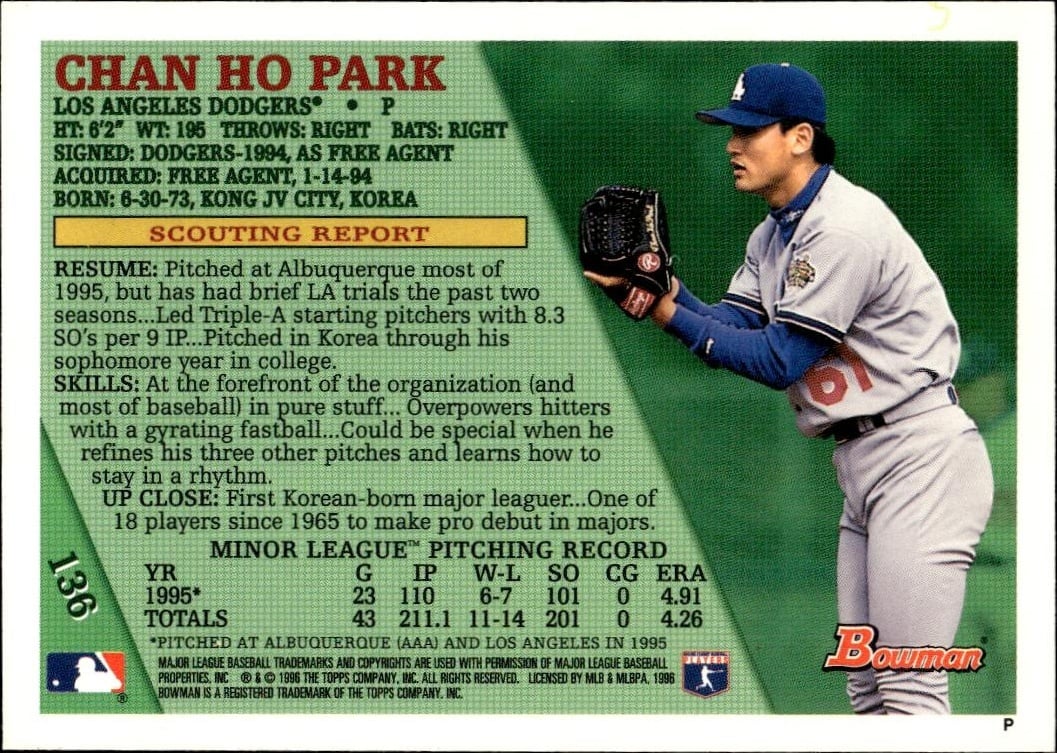 1996 Bowman Chan Ho Park #136 baseball trading card back