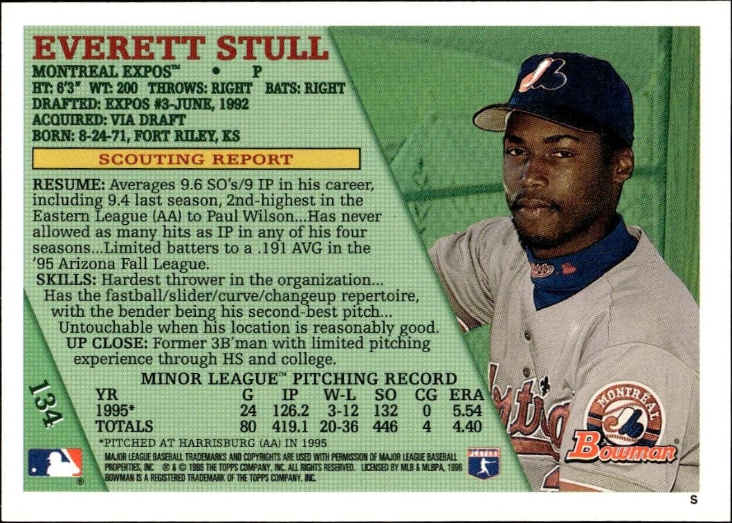 1996 Bowman Everett Stull #134 baseball trading card back